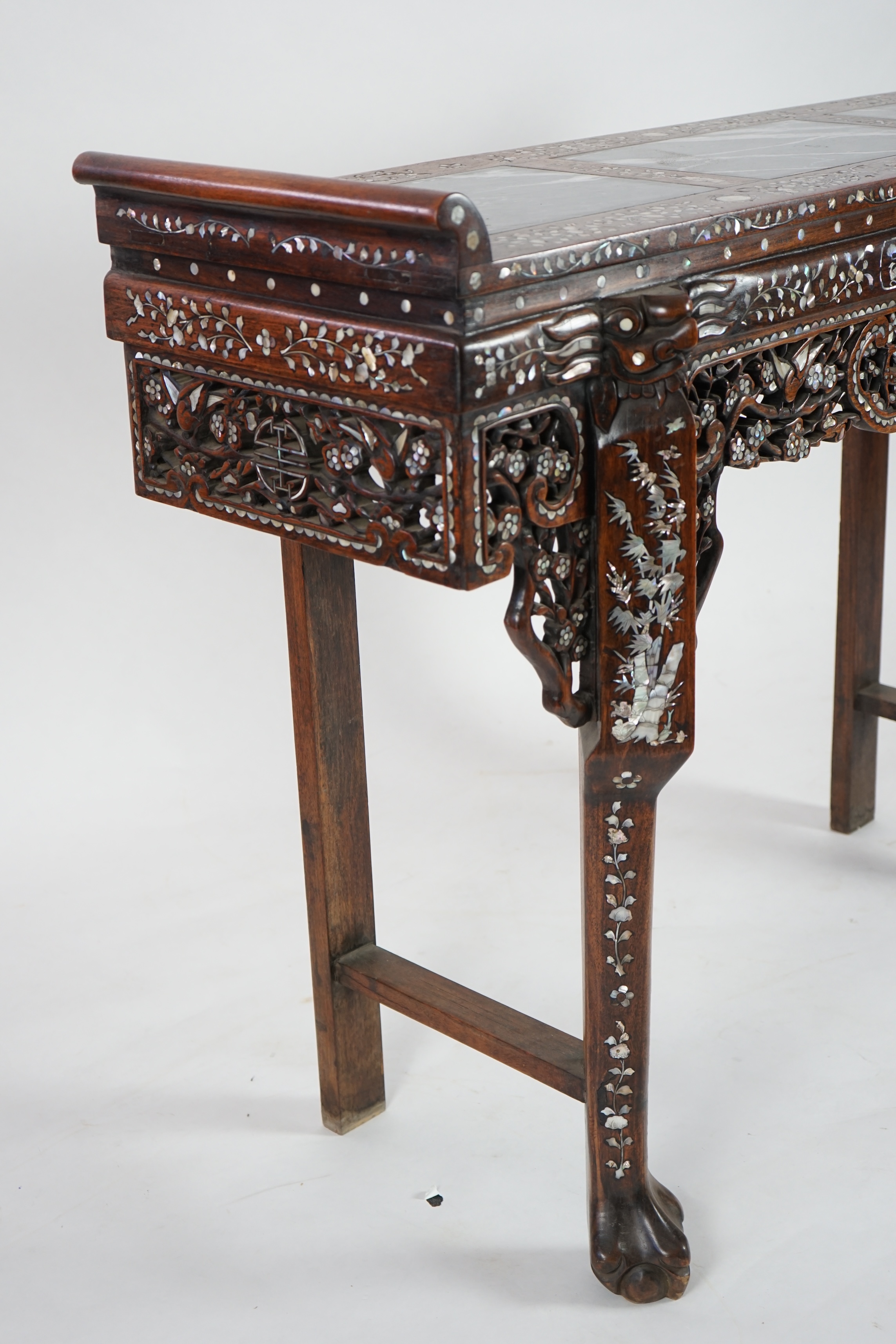 A good Chinese mother-of-pearl inlaid and marble topped hongmu altar table, late 19th/early 20th century